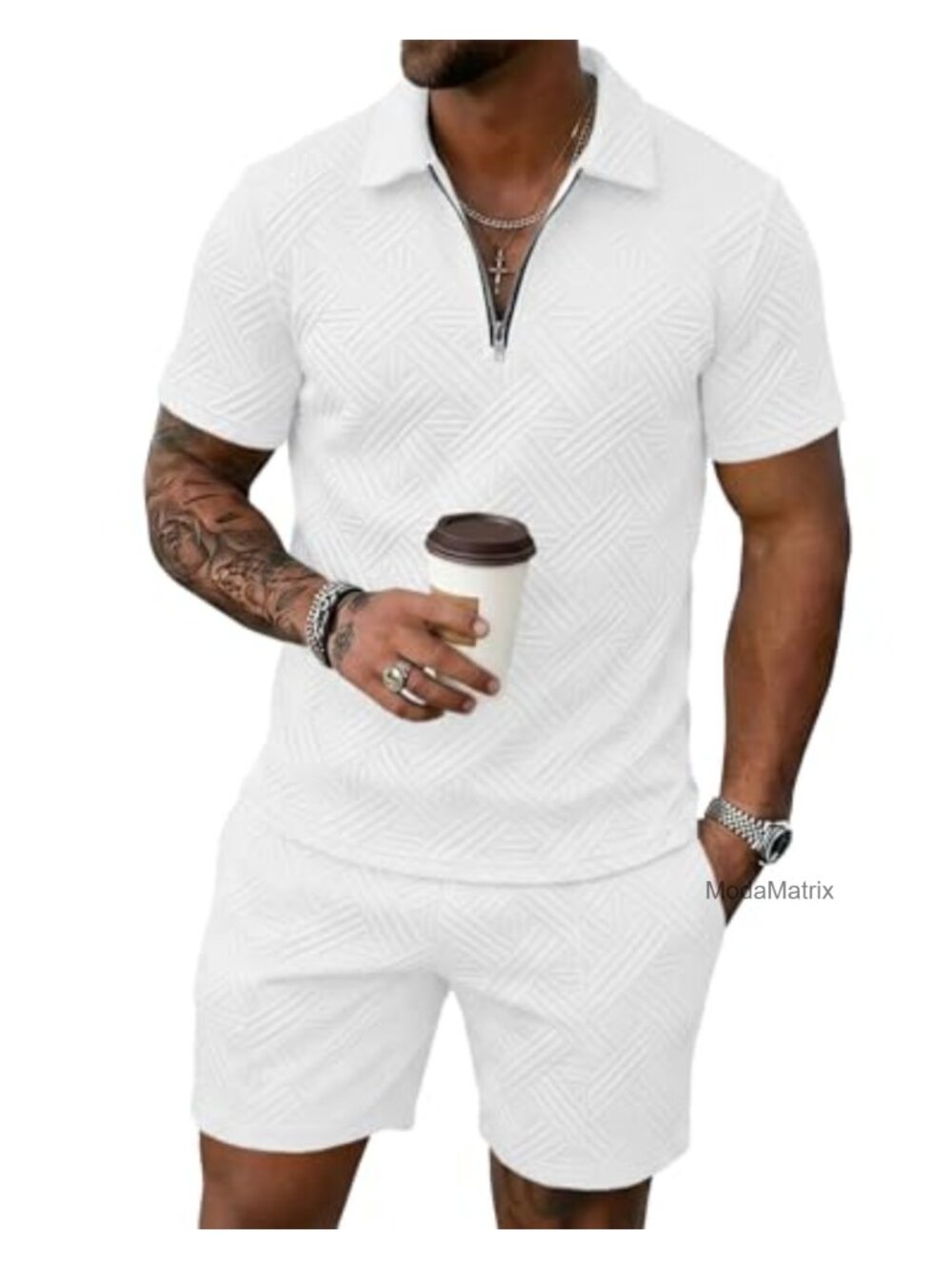 Men's 2 Piece Track Suit Short Sleeve Quarter Zip Polo & Drawstring Shorts Set